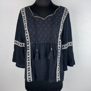 Style & Co. Petite PL Embroidered Tie Tasseled Front Top 3/4 Bell Sleeves Boho